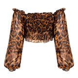 Alicante Cute Bardot Leopard Print Long Sleeve Crop Top - Fashion Genie Boutique