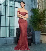 Little Treasure Burgundy Bardot Glitter Fishtail Maxi Gown Dress - Fashion Genie Boutique