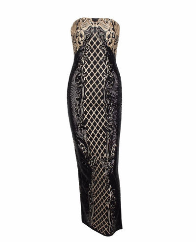 A Long Affair Black & Gold Sequin Strapless Maxi Dress - Fashion Genie Boutique