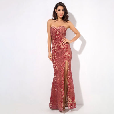 Princess Doll Red Strapless Glitter Maxi Split Fishtail Dress - Fashion Genie Boutique