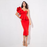 Keya Red Peplum Bardot Top & Midi Skirt Dress Co Ord - Fashion Genie Boutique