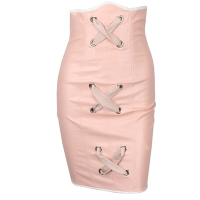Cross Cross Pink Faux Leather High Waisted Mini Skirt - Fashion Genie Boutique