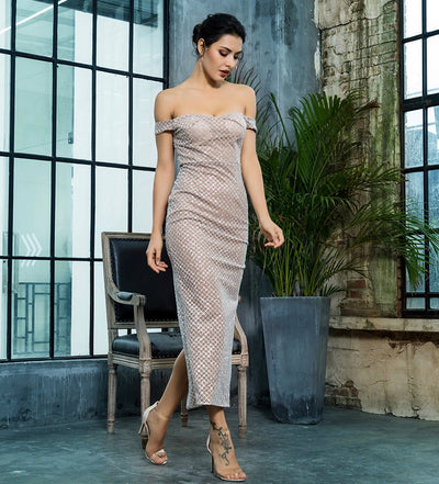 Monte Carlo Sliver Bardot Glitter Embellished Midi Dress - Fashion Genie Boutique