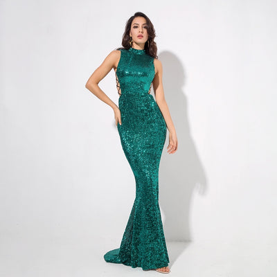 Million Dollar Babe Green Sequin Maxi Fishtail Gown Dress - Fashion Genie Boutique