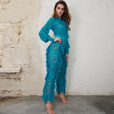 Layered in Lace Blue Lace Ruffle Jumpsuit - Fashion Genie Boutique