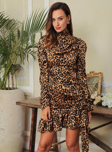 Undecided Love Brown Leopard Print Long Sleeve Ruffle Mini Dress - Fashion Genie Boutique
