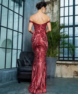 Sweetheart Red Bardot Sequin Maxi Fishtail Dress - Fashion Genie Boutique