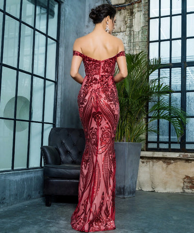 Sweetheart Red Bardot Sequin Maxi Fishtail Dress - Fashion Genie Boutique