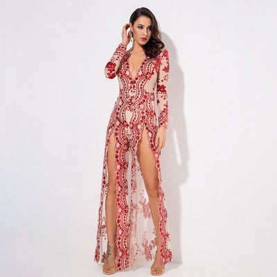 Lady Boss Red Sequin Long Sleeve Split Leg Jumpsuit - Fashion Genie Boutique