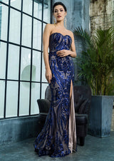 Sweet Vision Blue Strapless Sequin Spilt Maxi Gown Dress - Fashion Genie Boutique