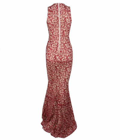 Modern Beauty Nude And Red Glitter Fishtail Maxi Dress - Fashion Genie Boutique