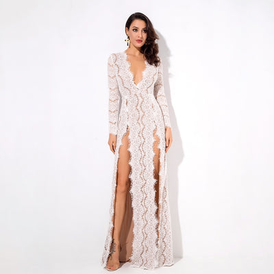 Walking Goddess White Long Sleeve Double Split Maxi Dress - Fashion Genie Boutique
