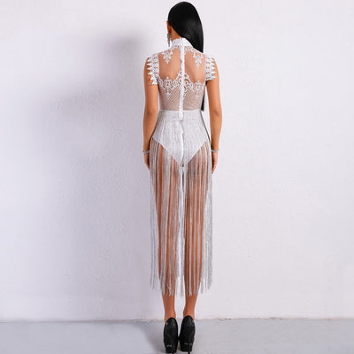 Gamble On Me White Mesh Sequin Fringe Bodysuit - Fashion Genie Boutique