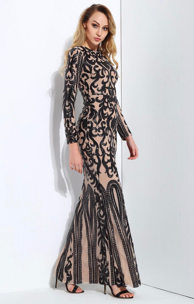 Graceful Black Sequin Long Sleeve Fishtail Maxi Dress - Fashion Genie Boutique