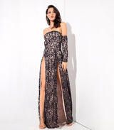 Princess Of Charm Black Bardot Glitter Double Split Maxi Dress - Fashion Genie Boutique