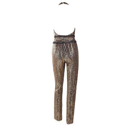 Solana Gold Halter Sequin Jumpsuit - Fashion Genie Boutique