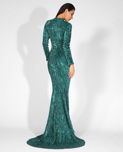 Cut It Out Green Keyhole Sequin Long Sleeve Maxi Fishtail Dress - Fashion Genie Boutique
