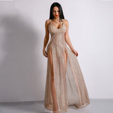 Dare To Bare Gold Metallic Double Split Sequin Maxi Dress - Fashion Genie Boutique