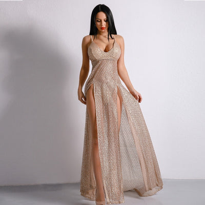 Dare To Bare Gold Metallic Double Split Sequin Maxi Dress - Fashion Genie Boutique
