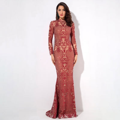 Moroccan Mama Red Long Sleeve Glitter Fishtail Maxi Dress - Fashion Genie Boutique