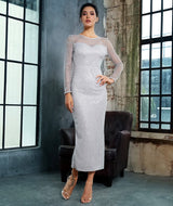 Deep Into You Silver Long Sleeve Glitter Embellished Midi Dress - Fashion Genie Boutique