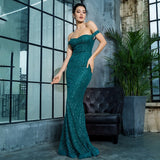 Little Treasure Green Bardot Glitter Fishtail Maxi Gown Dress - Fashion Genie Boutique