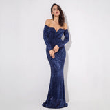 Dressed To Thrill Navy Sequin Bardot Maxi Dress - Fashion Genie Boutique