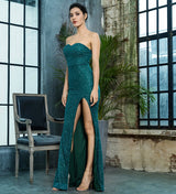 Steal The Show Green Strapless Glitter High Split Maxi Dress - Fashion Genie Boutique