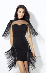 Fancy Flair Black Fringed Shoulder Mini Dress - Fashion Genie Boutique