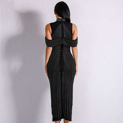 High Society Black Stud Embellished Slinky Maxi Dress - Fashion Genie Boutique