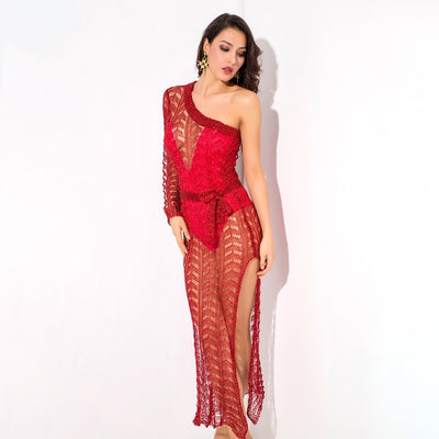 Ready To Glow Red Glitter Knit Kaftan Dress - Fashion Genie Boutique
