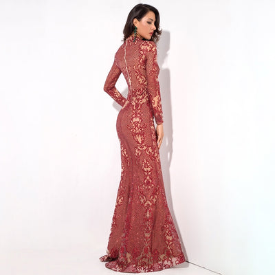 Moroccan Mama Red Long Sleeve Glitter Fishtail Maxi Dress - Fashion Genie Boutique