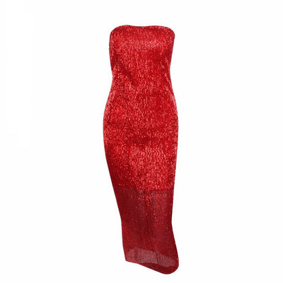 Glam Doll Red Strapless Sequin Midi Dress - Fashion Genie Boutique