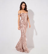 Sweetheart Rose Gold Bardot Sequin Maxi Fishtail Dress - Fashion Genie Boutique