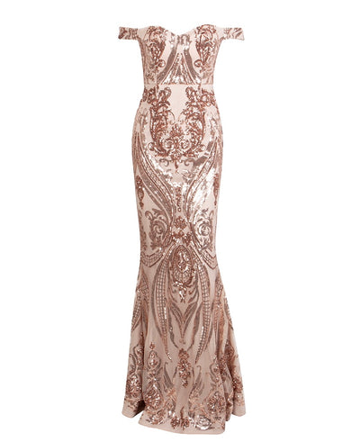 Sweetheart Silver Bardot Sequin Maxi Fishtail Dress - Fashion Genie Boutique