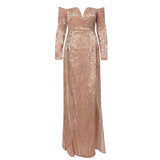 So Lavish Navy Sequin Bardot Double Split Maxi Dress - Fashion Genie Boutique