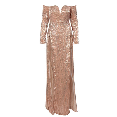So Lavish Navy Sequin Bardot Double Split Maxi Dress - Fashion Genie Boutique