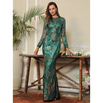 Oscar Night Green Sequin Long Sleeve Maxi Dress - Fashion Genie Boutique