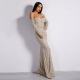 Pick of the Glitter Silver Long Sleeve Bardot Maxi Dress - Fashion Genie Boutique
