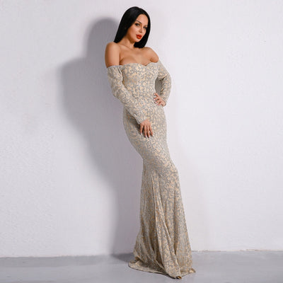 Pick of the Glitter Silver Long Sleeve Bardot Maxi Dress - Fashion Genie Boutique