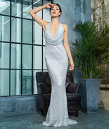 Alabama Silver Cowl Neck Sequin Maxi Fishtail Dress - Fashion Genie Boutique