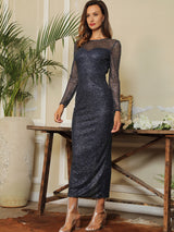 Deep Into You Navy Long Sleeve Glitter Embellished Midi Dress - Fashion Genie Boutique