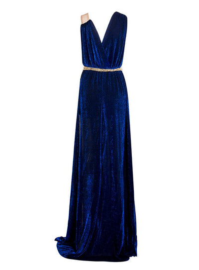 Grecian Goddess Navy Belted Maxi Split Dress - Fashion Genie Boutique