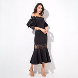 Mamacita Black Bardot Lace Panel Midi Dress - Fashion Genie Boutique