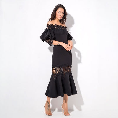 Mamacita Black Bardot Lace Panel Midi Dress - Fashion Genie Boutique