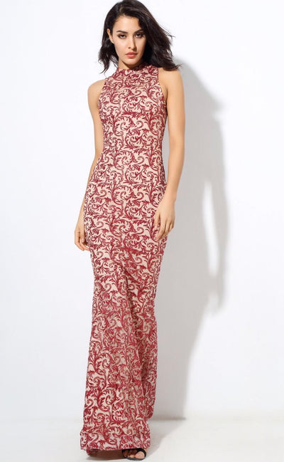 Modern Beauty Nude And Red Glitter Fishtail Maxi Dress - Fashion Genie Boutique