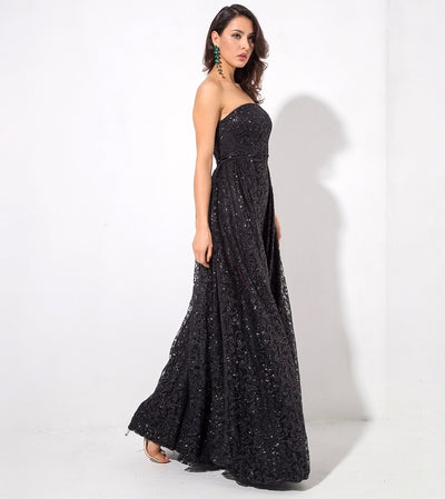 A Star Is Born Black Glitter Strapless Maxi Gown Dress - Fashion Genie Boutique