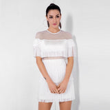 Shimmy Shake White Mesh Panel Fringe Mini Dress - Fashion Genie Boutique