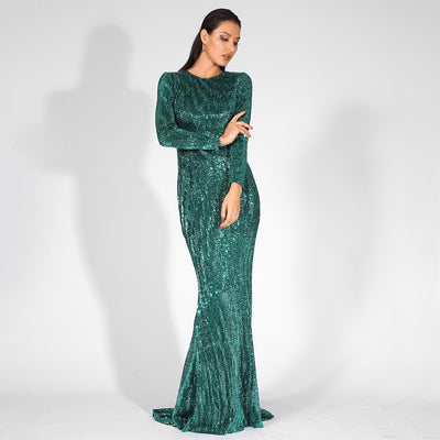 Never Enough Green Sequin Long Sleeve Sleeve Maxi Fishtail Dress - Fashion Genie Boutique