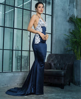 Sweet Lace Navy Satin Lace Maxi Fishtail Dress - Fashion Genie Boutique